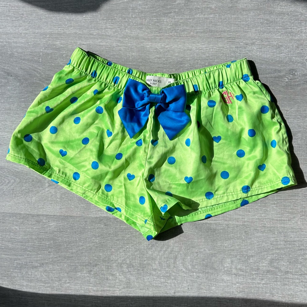 Y2K Gilly Hicks Green Polka Dot Sleep Mini Shorts with Blue Bow